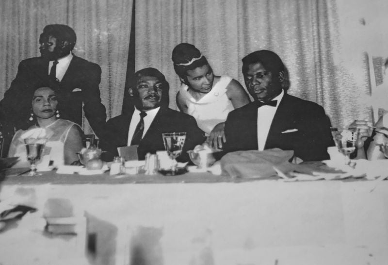 Xernona Clayton (center) with Coretta Scott King, Martin Luther King Jr. and Sidney Poitier at an SCLC fundraiser. Poitier was the keynote speaker but didn't talk until midnight, because the evening's entertainer sang for two hours. But everyone forgave Aretha Franklin. (This is a copy of a photo courtesy of Xerona Clayton.)