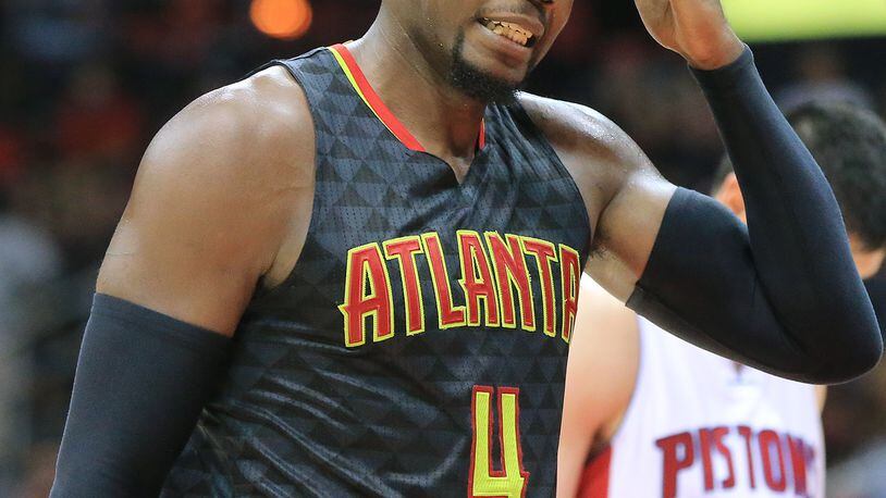 102715 ATLANTA: -- Hawks Paul Millsap reacts to being called for a foul against the Pistons during the final minutes in their first regular season basketball game "home opener" on Tuesday, Oct. 27, 2015, in Atlanta. The Pistons beat the Hawks 106-94. Curtis Compton / ccompton@ajc.com
