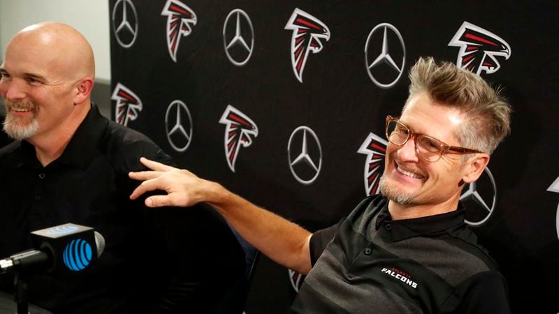 Atlanta Falcons general manager Thomas Dimitroff (right) and head football coach Dan Quinn have maintained constant communications ahead of the 2020 NFL Draft.