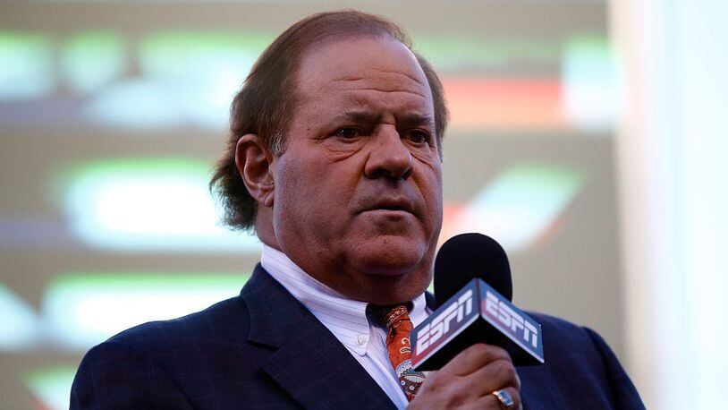 Broadcaster Chris Berman of ESPN is seen on the field before Game Two of the 2015 World Series between the Kansas City Royals and the New York Mets at Kauffman Stadium on October 28, 2015 in Kansas City, Missouri.  (Photo by Tim Bradbury/Getty Images)