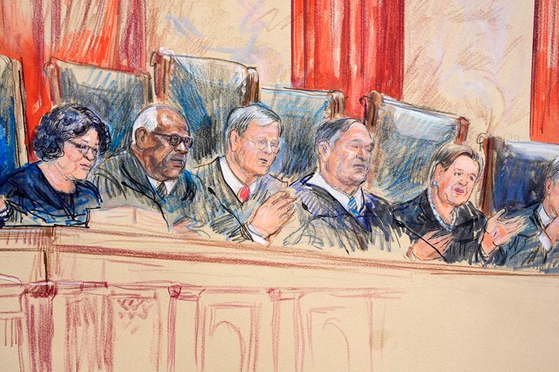 This artist sketch depicts, from left, Associate Justice Sonia Sotomayor, Associate Justice Clarence Thomas, Chief Justice of the United States John Roberts, Associate Justice Samuel Alito, and Associate Justice Elena Kagan at the Supreme Court during arguments over whether former President Donald Trump is immune from prosecution in a case charging him with plotting to overturn the results of the 2020 presidential election, on Capitol Hill in Washington, Thursday, April 25, 2024. (Dana Verkouteren via AP)