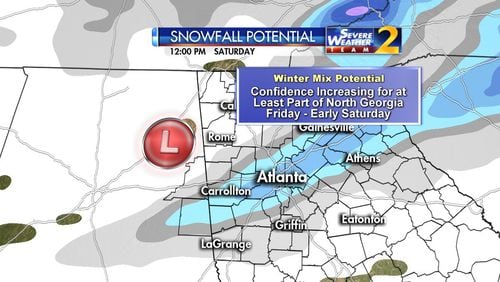 The best chance for snow is Friday night and into Saturday morning. (Credit: Channel 2 Action News)