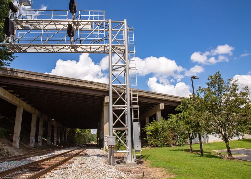 The northwest portion of the Beltline will be the final section completed. This portion of the pathway, photographed Sunday, Aug. 15, 2021, could go under I-75 near Northside Drive, where an active rail line runs under the highway. (Jenni Girtman for The Atlanta Journal-Constitution)