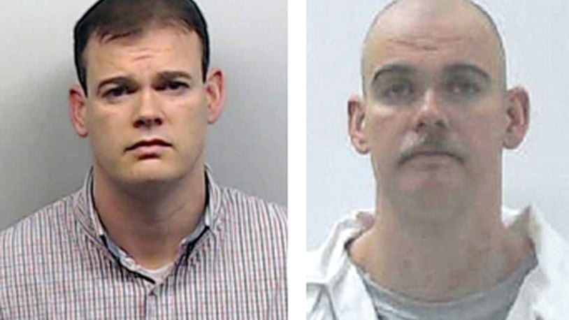 Transformation: At left, Devin Richard Hartman as he appeared in a Fulton County Sheriff’s Office photo after his arrest in 2014. He was 40 at the time. At right, Hartman as he appears in a state Department of Corrections photo in 2016.