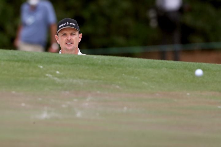 April 10, 2021, Augusta: Justin Rose reacts to his shot on the fourth hole during the third round of the Masters at Augusta National Golf Club on Saturday, April 10, 2021, in Augusta. Curtis Compton/ccompton@ajc.com