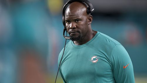 Dolphins coach Brian Flores walks up the sidelines during their game against the Atlanta Falcons on Aug. 21. (Michael Laughlin/Chicago Tribune/TNS)