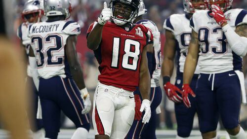 FEBRUARY 5, 2017 HOUSTON TX Atlanta Falcons wide receiver Taylor Gabriel (18) gets an interference call to continue the Falcons drive in the 3rd Quarter as the Atlanta Falcons meet the New England Patriots in Super Bowl LI at NRG Stadium in Houston, TX, Sunday, February 5, 2017. Bob Andres/AJC