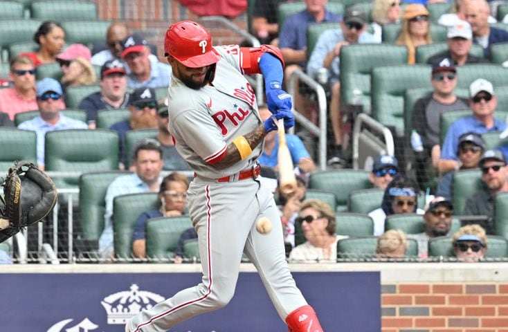 Philadelphia Phillies' Edmundo Sosa breaks his bat during the fourth inning of game one of the baseball playoff series between the Braves and the Phillies at Truist Park in Atlanta on Tuesday, October 11, 2022. (Hyosub Shin / Hyosub.Shin@ajc.com)