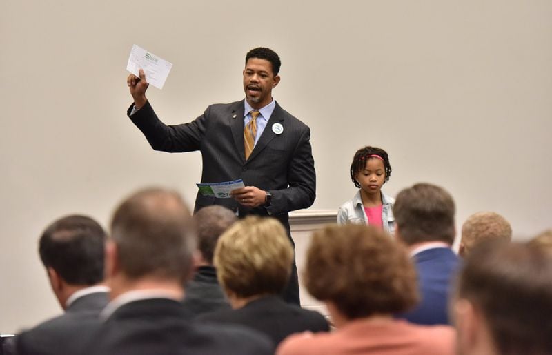 January 11, 2019 Atlanta - Marlon Allen speaks during a kickoff meeting at The Hudgens Center for Art and Learning in Duluth on Friday, January 11, 2019. Go Gwinnett, the formal pro-transit advocacy group that will be pushing for Gwinnett to approve its March referendum on joining MARTA, hold its kickoff meeting Friday. HYOSUB SHIN / HSHIN@AJC.COM