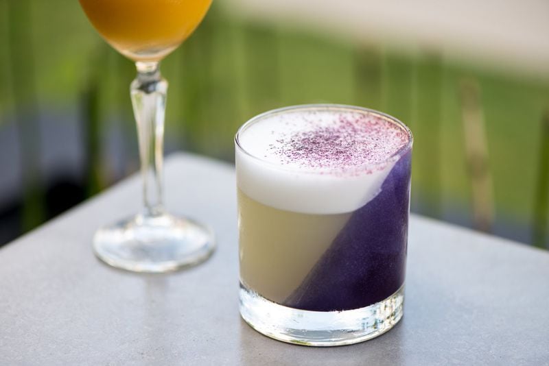 Palette of Arabia Mountain with white whisky, spruce, citrus, Louisville absinthe, juniper ice, egg white, and lacto blueberry dust. Photo credit- Mia Yakel.
