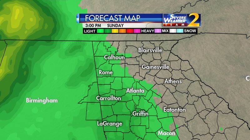 There is a 70 percent chance of showers Sunday in Atlanta. (Credit: Channel 2 Action News)