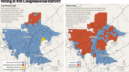 Maps show which parties and candidates got the most votes in each neighborhood in the Georgia 6th District special election.