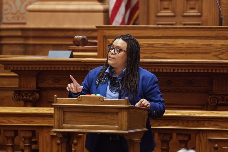 State Sen. Kim Jackson, D-Stone Mountain, speaks Thursday in opposition of Senate Bill 180, a religious rights bill, at the Georgia Capitol. The Senate approved the bill in a 33-19 vote. (Natrice Miller/ Natrice.miller@ajc.com)