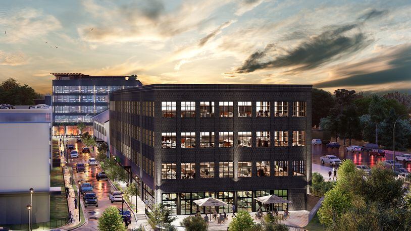 Pictured is a rendering of a 60,000 square foot office planned at Halcyon mixed-use community in Forsyth County. The building is currently under construction. Credit: The Wilbert Group