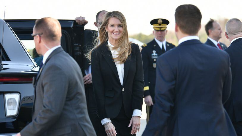 U.S. Sen. Kelly Loeffler arrives with President Donald Trump at Dobbins Air Reserve Base when the president came to Atlanta to visit the U.S. Centers for Disease Control and Prevention. (Hyosub Shin / Hyosub.Shin@ajc.com)