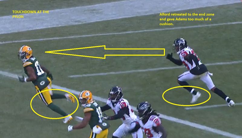 On Green Bay's first touchdown, wide receiver Davanta Adams ran Falcons cornerback back Robert Alford into the end zone. "If you're at the goal line, you don't step into the end zone with a receiver in front of your," Fox Sports color analyst Charles Davis said.