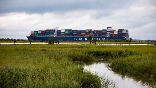 TYBEE ISLAND, GA - SEPTEMBER 18, 2020: The CMA CGM Brazil sails past the marshes along the Savannah River as it makes its way up river to the Georgia Ports Authority's Garden City Terminal, Friday, Sept., 18, 2020, in Tybee Island, Ga. (AJC Photo/Stephen B. Morton)