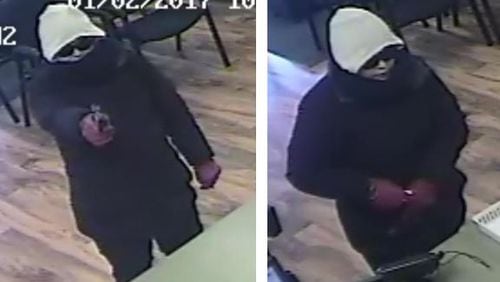 Surveillance photos show a woman who police are seeking in connection with the Jan. 2 armed robbery of a pharmacy near Lawrenceville. (Credit: Gwinnett County Police Department)