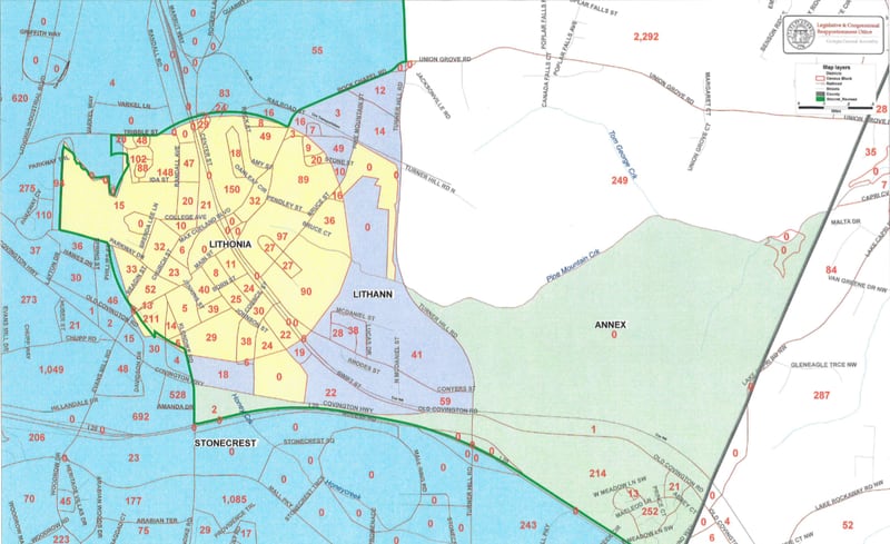 This is a map that shows the three phase annexation plan for Lithonia. The "Lithann" area is phase one, which will be voted on this November. The green "Annex" area is phase two, and the white area north of the "Annex" area and south of Union Grove Road is phase three.