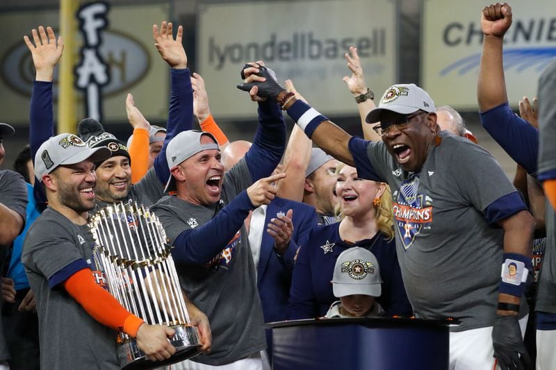 President Joe Biden will celebrate the Houston Astros’ 2022 World Series championship during an event at the White House today. In this photo, manager Dusty Baker (right) celebrates a World Series win with his team on Saturday, Nov. 5, 2022, in Houston. (Charles Fox/The Philadelphia Inquirer/TNS)