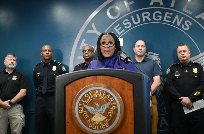 Fulton County District Attorney Fani Willis speaks to members of the press during a press conference on Operation Heatwave at APD Public Safety Headquarters, Thursday, August 31, 2023, in Atlanta. (Hyosub Shin/hyosub.shin@ajc.com)