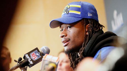 Rams running back Todd Gurley speaks with the media Tuesday.   Bob Andres / bandres@ajc.com