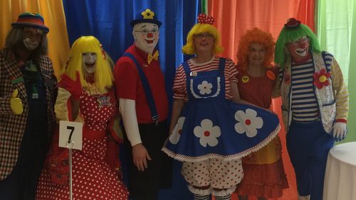 Send in the good, non-creepy clowns! (l-r) Handyman, KC Joy, Popper, Daisy, SonShine and Dont Kno are members of the Peachtree Clown Alley, a longtime club for clowns in metro Atlanta. Photo by Jill Vejnoska/jvejnoska@ajc.com