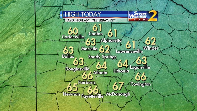 Highs on Wednesday in North Georgia were in the 60s. (Credit: Channel 2 Action News)