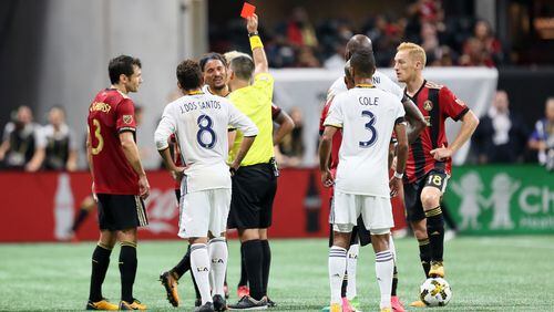 September 20, 2017 Atlanta: LA Galaxy miedfielder Jermaine Jones gets rejected after a rough play during the first half at  Mercedes-Benz stadium.