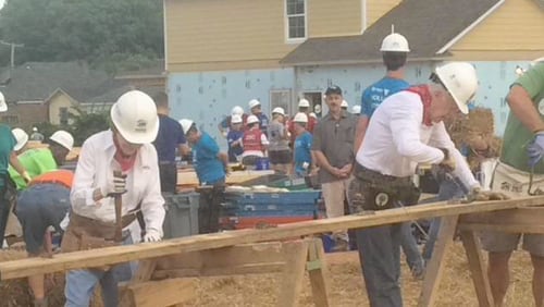 President and Mrs. Carter led a Habitat for Huanity build site in Memphis today. AJC photo: Jill Vejnoska
