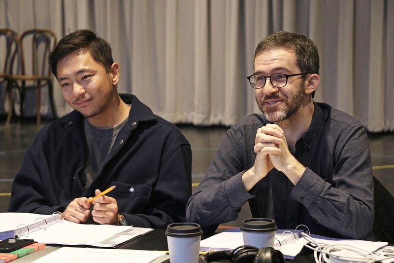 Creators Hue Park (left) and Will Aronson at rehearsal for “Maybe Happy Ending” at the Alliance Theatre. Contributed by A’riel Tinter