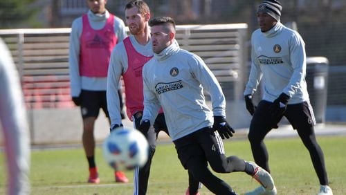 Atlanta United defender Greg Garza (4) works with the ball during their practice at Childrens Healthcare of Atlanta Training Ground in Marietta on Tuesday, December 4, 2018. HYOSUB SHIN / HSHIN@AJC.COM