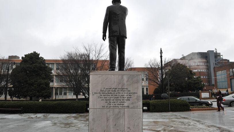The statue of Martin Luther King Jr. in front of King’s Chapel on Morehouse College campus. AJC FILE PHOTO.