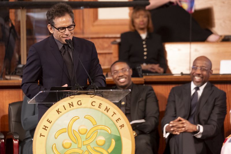 Ben Stiller delivers remarks during the Dr. Martin Luther King Jr. Day program at Ebenezer Baptist Church in Atlanta on Monday, Jan. 15, 2024. (Ben Gray / Ben@BenGray.com)