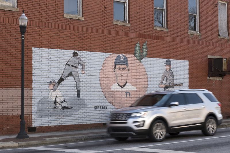 Ty Cobb’s roots in Royston are commemorated in a variety of ways, including this mural, in the town an hour and a half east of Atlanta. (DAVID BARNES / SPECIAL)