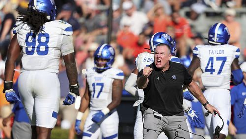 Georgia State coach Shawn Elliott reacts after the defense stops Auburn on Saturday, Sept. 25, 2021, in Auburn, Ala. (AP Photo/Butch Dill)