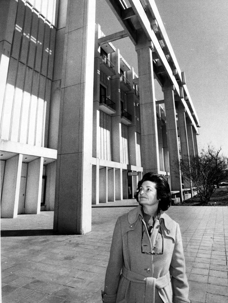 1975 -- Former First Lady Lady Bird Johnson walks the grounds of the Atlanta Memorial Arts Center, now called the Woodruff Arts Center.