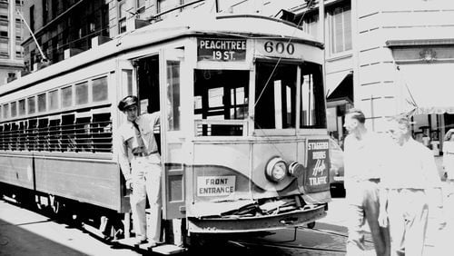 A streetcar on Peachtree Street in 1945. Lane Brothers Commercial Photographers. Special Collections and Archives, Georgia State University Library