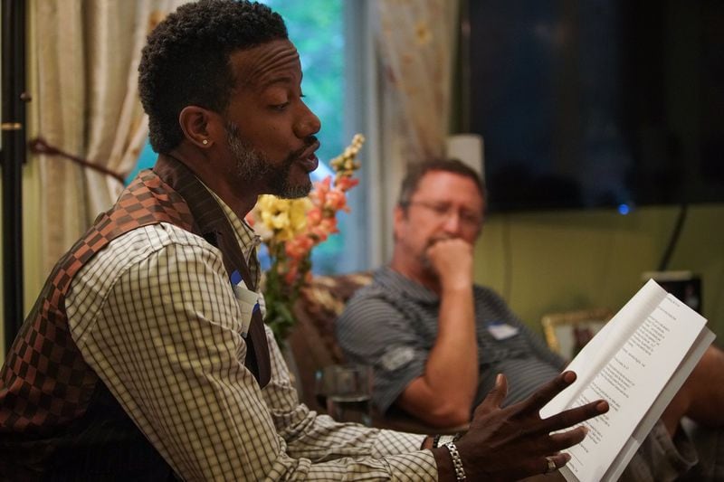 Actor Jay Jones read “A Few Honest Moments With Sam,” a short script about race, as part of Decatur Dinners at the home of Clare and Jay Schexnyder on Sunday, Aug. 25, 2019, in Decatur. (Elijah Nouvelage for The Atlanta Journal-Constitution)