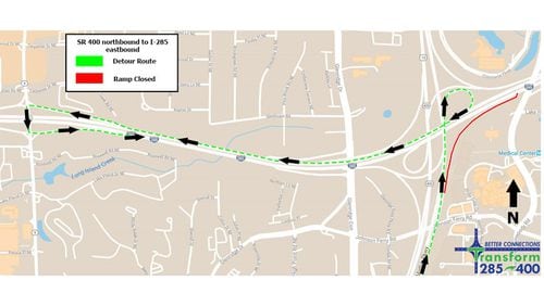 Map depicts the recommended detour when the ramp from northbound Ga. 400 to eastbound I-285 is closed for Perimeter-area construction. GEORGIA DEPARTMENT OF TRANSPORTATION