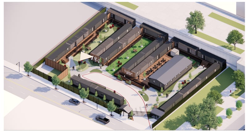 This image shows a rendering of the repurposed shipping containers that will serve as 40 affordable housing in downtown Atlanta. Courtesy of the City of Atlanta