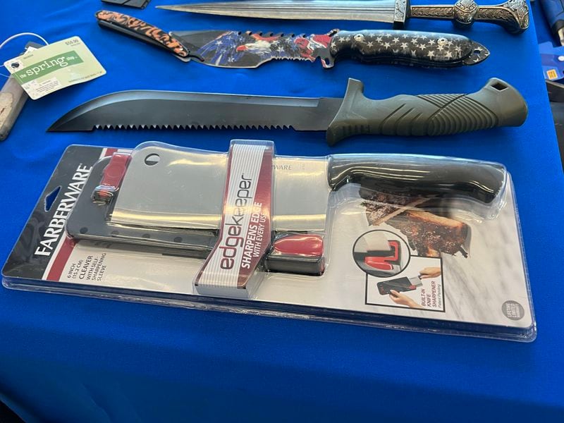 The Transportation Security Administration displayed some of the prohibited items caught at Hartsfield-Jackson International Airport security checkpoints on Sept. 29, 2023.