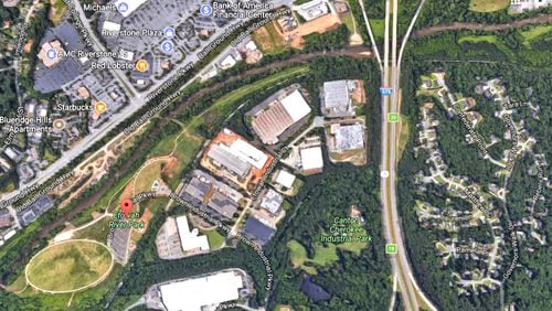 Canton has approved a $125,000 contract with Hayes, James & Associates Inc. to plan an extension of the Etowah River Trail from Etowah River Park (left in aerial photo), along a railroad and under I-575, to a 45-acre parcel behind Governors Walk. GOOGLE MAPS