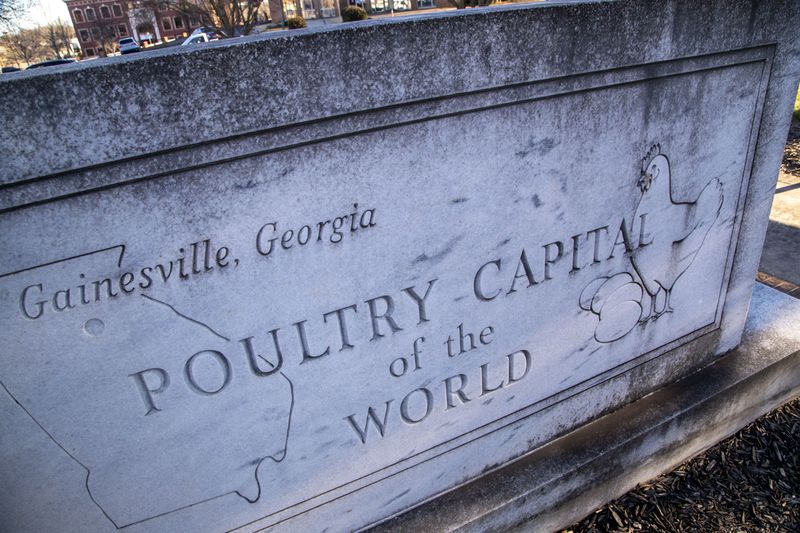 03/02/2021 —Gainesville, Georgia — A monument celebrating Gainesville’s position as the “Poultry Capitol of the World” is displayed at Poultry Park in Gainesville, Tuesday, February 2, 2021. (Alyssa Pointer / Alyssa.Pointer@ajc.com)