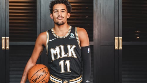 Hawks guard Trae Young models Atlanta's 2020-21 City Edition uniform, which honors the Rev. Martin Luther King Jr.
