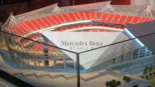 This model of Mercedes-Benz Stadium is in the Falcons’ stadium preview center. (KENT D. JOHNSON/kdjohnson@ajc.com)