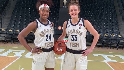Georgia Tech 's Chanin Scott (left) and Francesca Pan model the alternate uniforms that their team and the men's team will wear this month to help celebrate Black History Month.