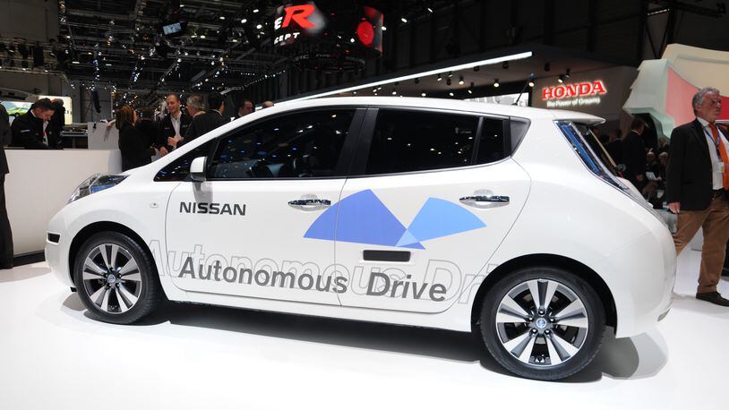 This Nissan autonomous car prototype (using a Nissan Leaf electric car) exhibited at the Geneva Motor Show in 2014. Atlanta is looking to create a “smart” corridor for driverless cars.