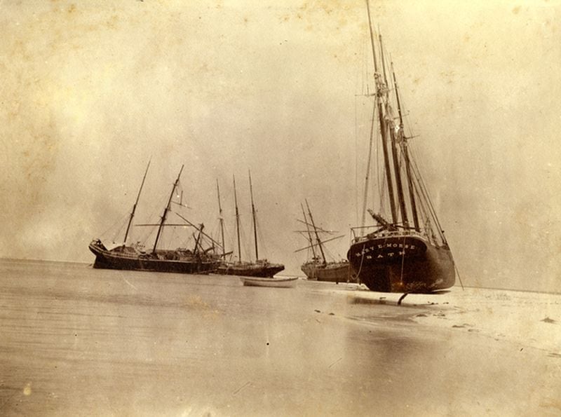 Pictured, left to right: The Norwegian bark "Vale"; the American schooner "James A. Garfield"; the Norwegian bark "Jafnhar"[or Jafnar]; and another U.S. schooner, the "Mary E. Morse" (in the foreground). (Photo: State Archives of Florida)