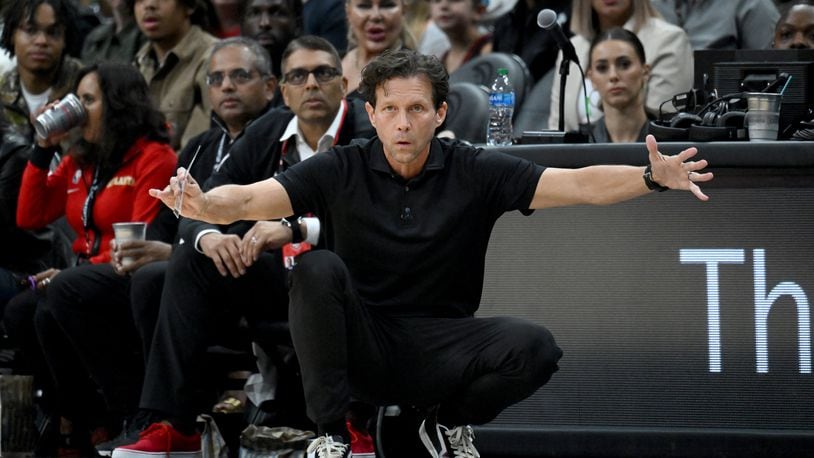 Atlanta Hawks head coach Quin Snyder reacts as he watches during the first half in Game 6 of the first round of the Eastern Conference playoffs at State Farm Arena, Thursday, April 27, 2023, in Atlanta. (Hyosub Shin / Hyosub.Shin@ajc.com)
